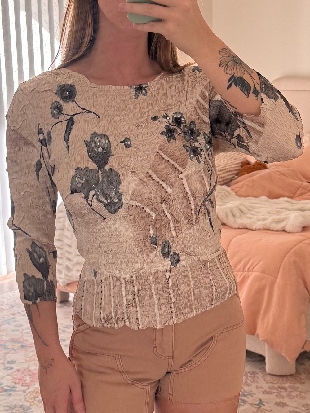 Alberto Makali Beige Floral Smocked Blouse with Gray Print